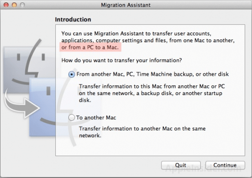 Migration auch von anderen PCs erleichtert in Lion