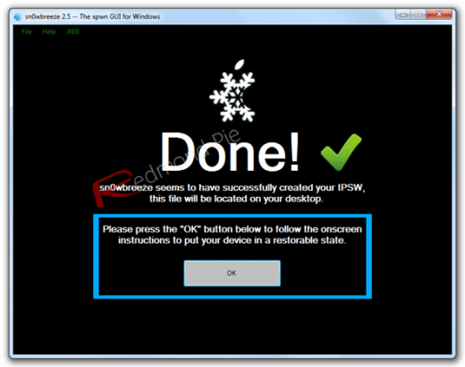 6. Schritt: Sobald Sn0wbreeze “Done!” anzeigt, ist die Custom Firmware erstellt.