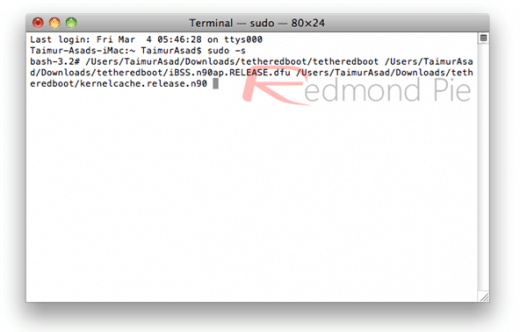 13. Schritt: iDevice ausschalten und das Terminal in OS X starten, dann den folgenden Befehl eingeben:...